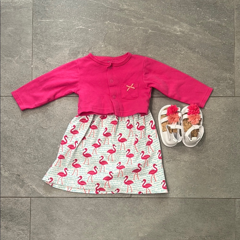 Pink Flamingo Dress with cardigan and Sandals